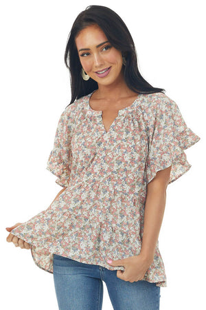 Salmon Floral Print Tiered High Low Blouse