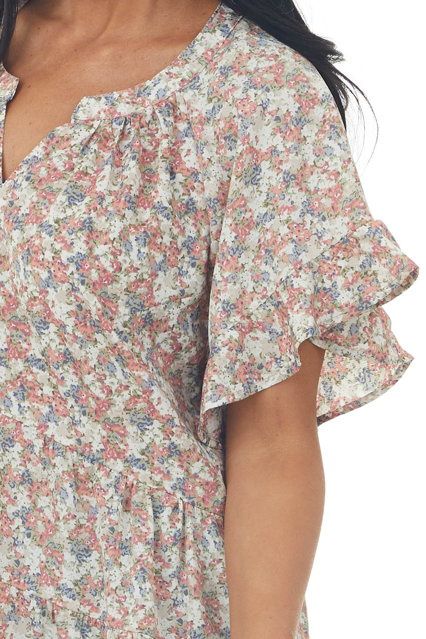 Salmon Floral Print Tiered High Low Blouse