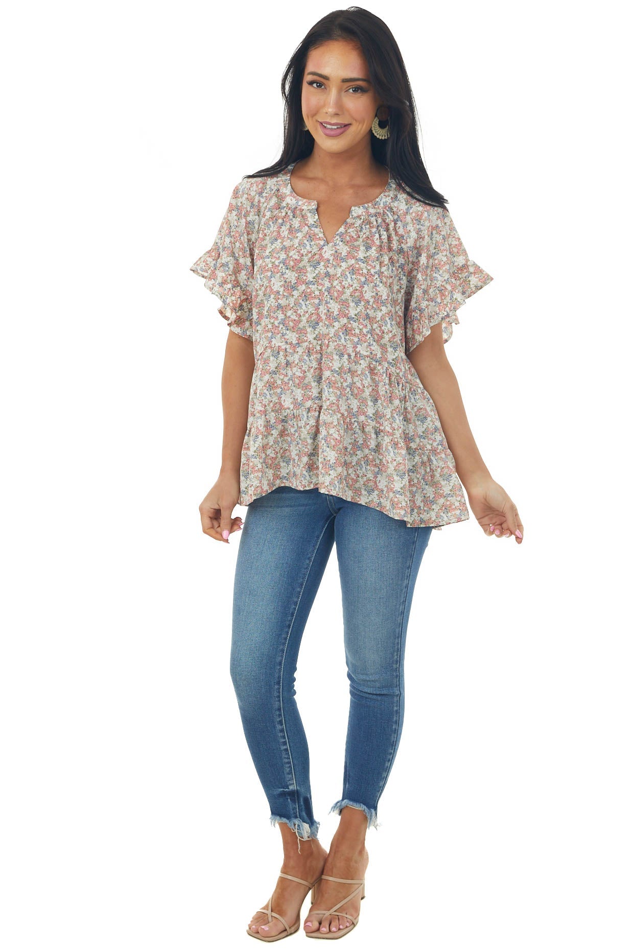 Salmon Floral Print Tiered High Low Blouse