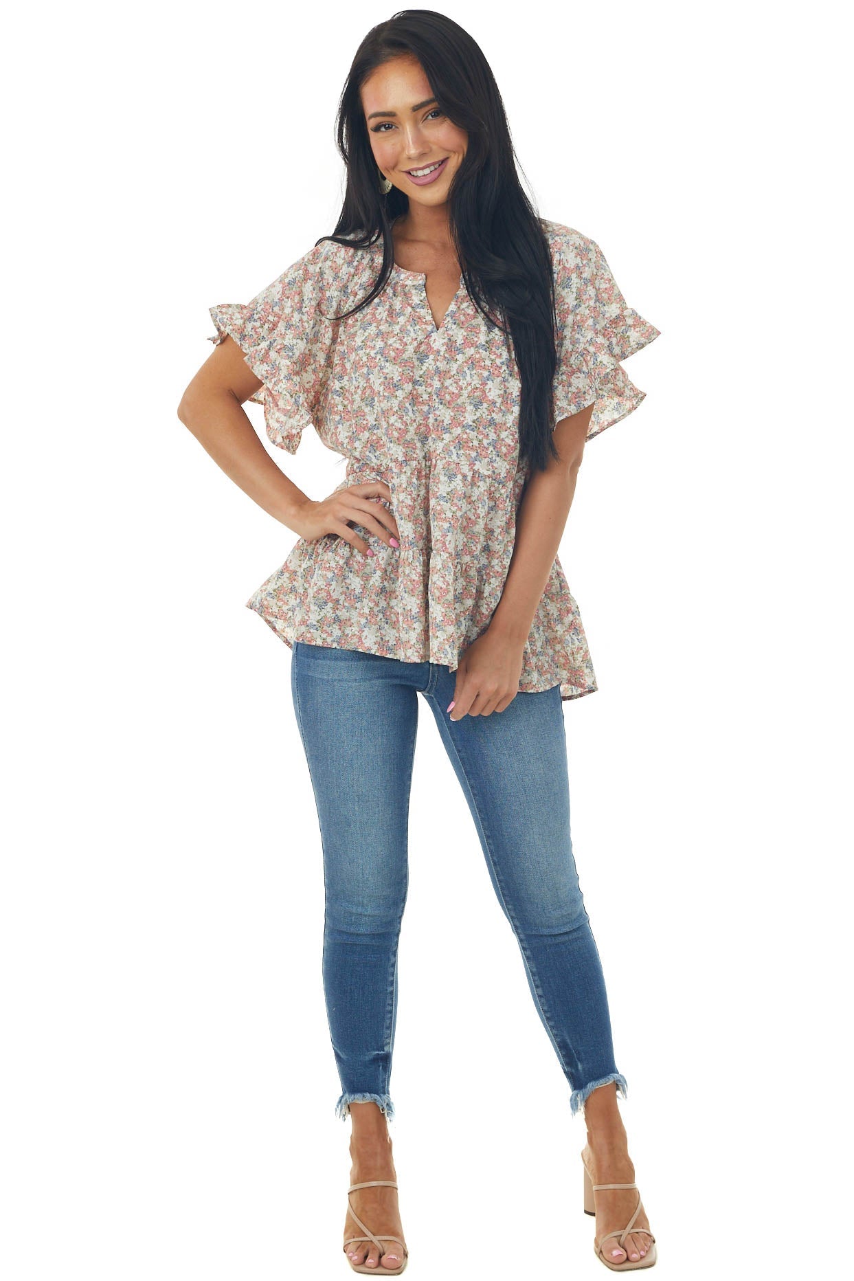 Salmon Floral Print Tiered High Low Blouse