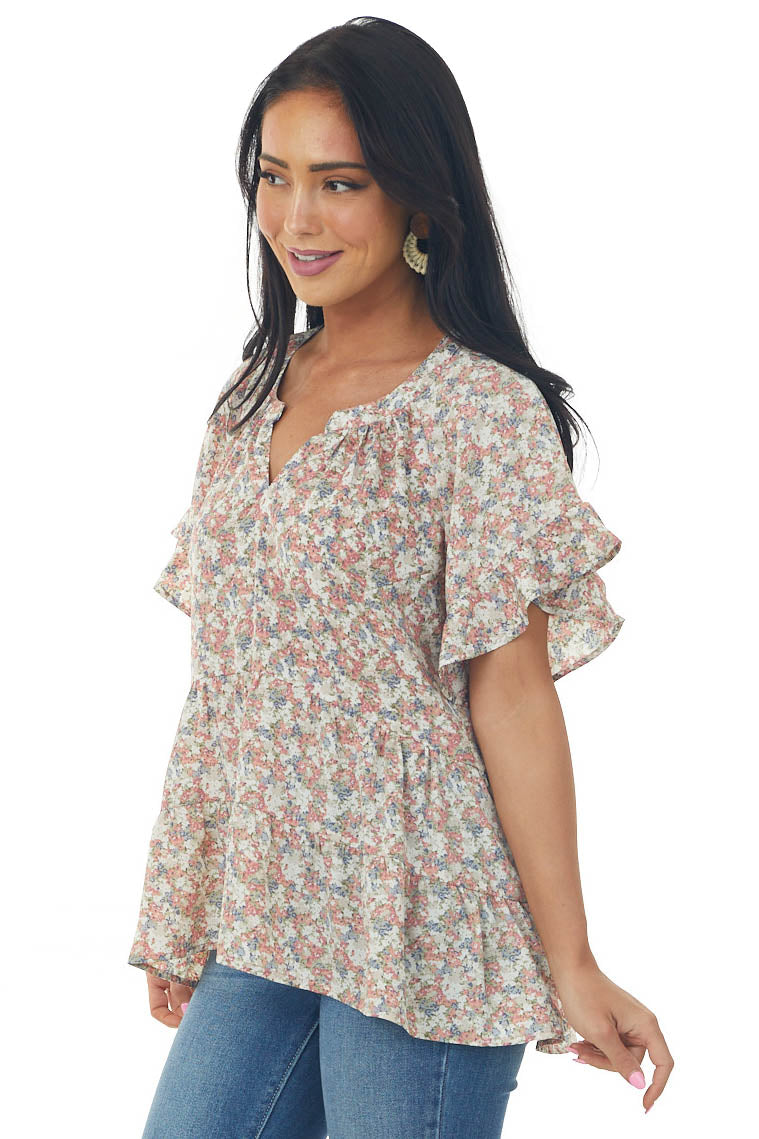 Salmon Floral Print Tiered High Low Blouse