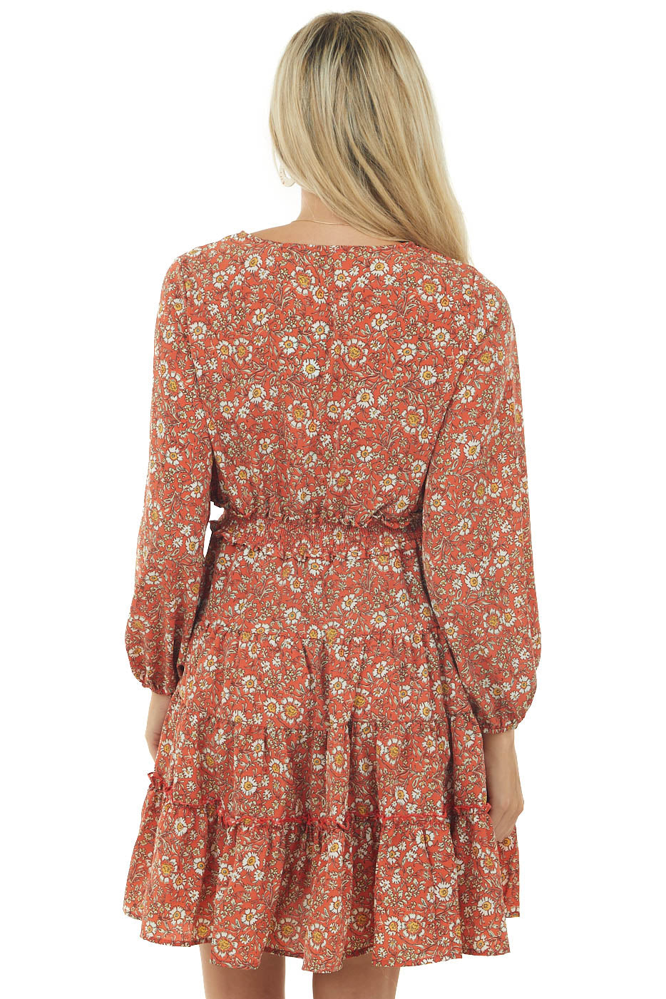 Salmon Floral Puff Sleeve Tiered Blouson Dress
