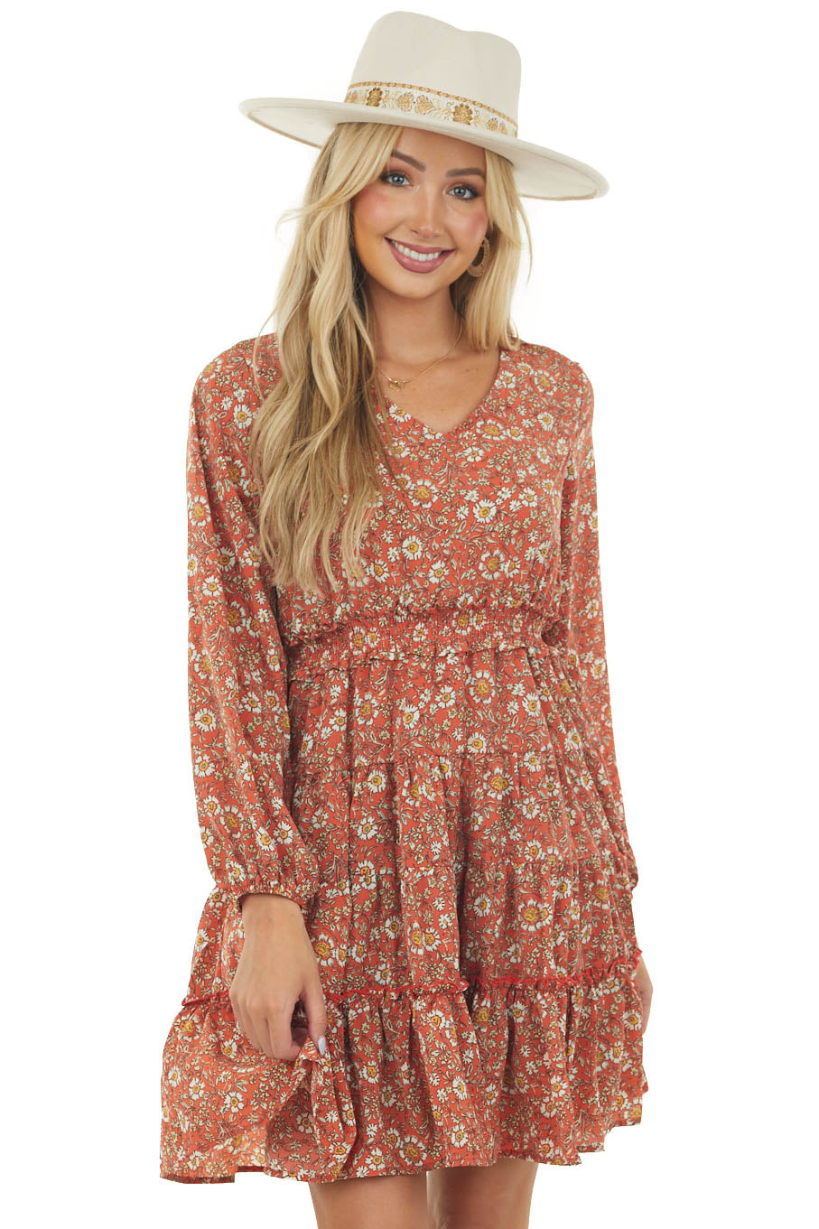 Salmon Floral Puff Sleeve Tiered Blouson Dress