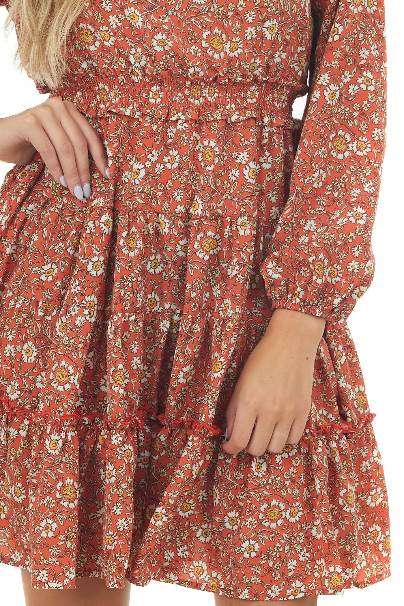 Salmon Floral Puff Sleeve Tiered Blouson Dress