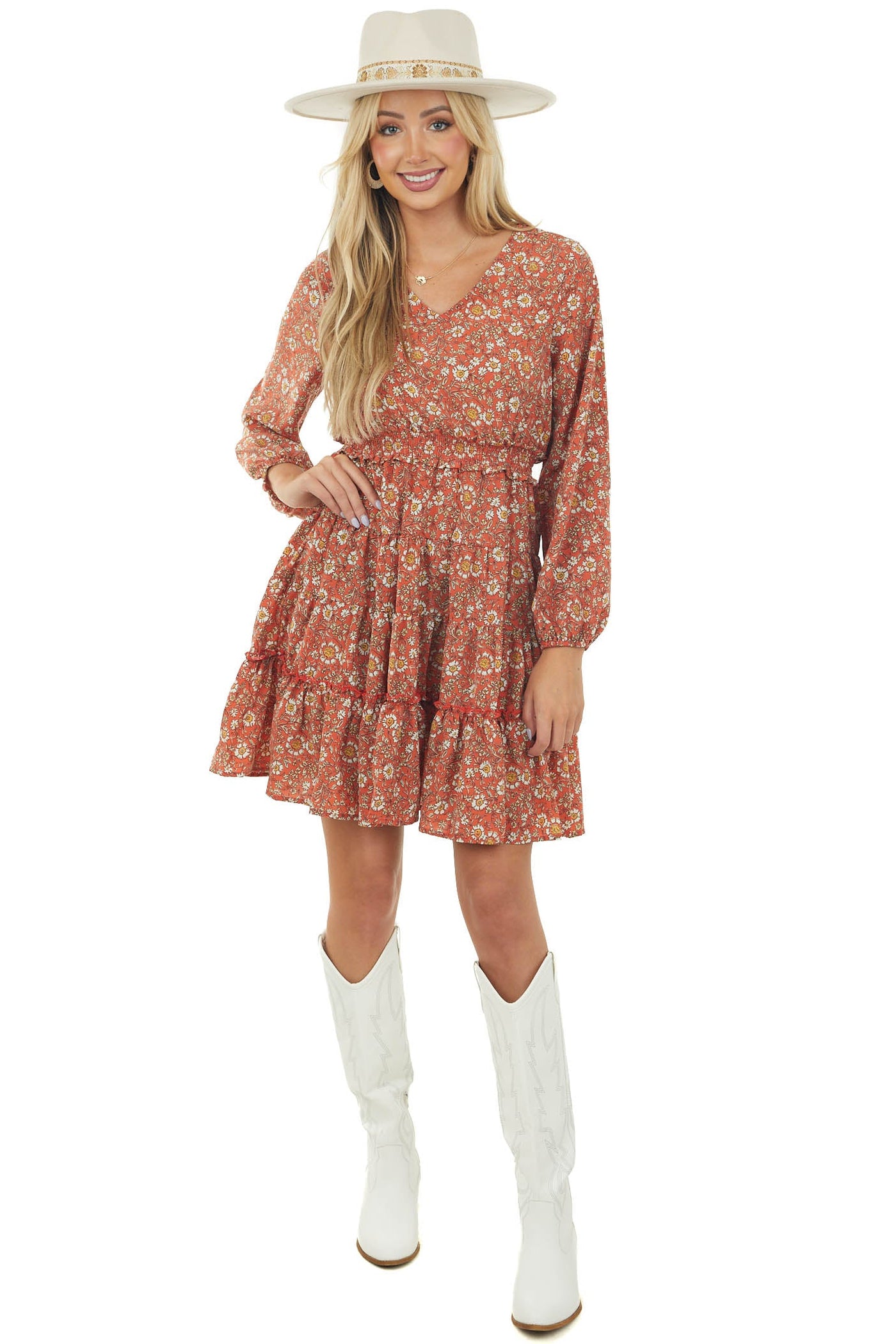 Salmon Floral Puff Sleeve Tiered Blouson Dress