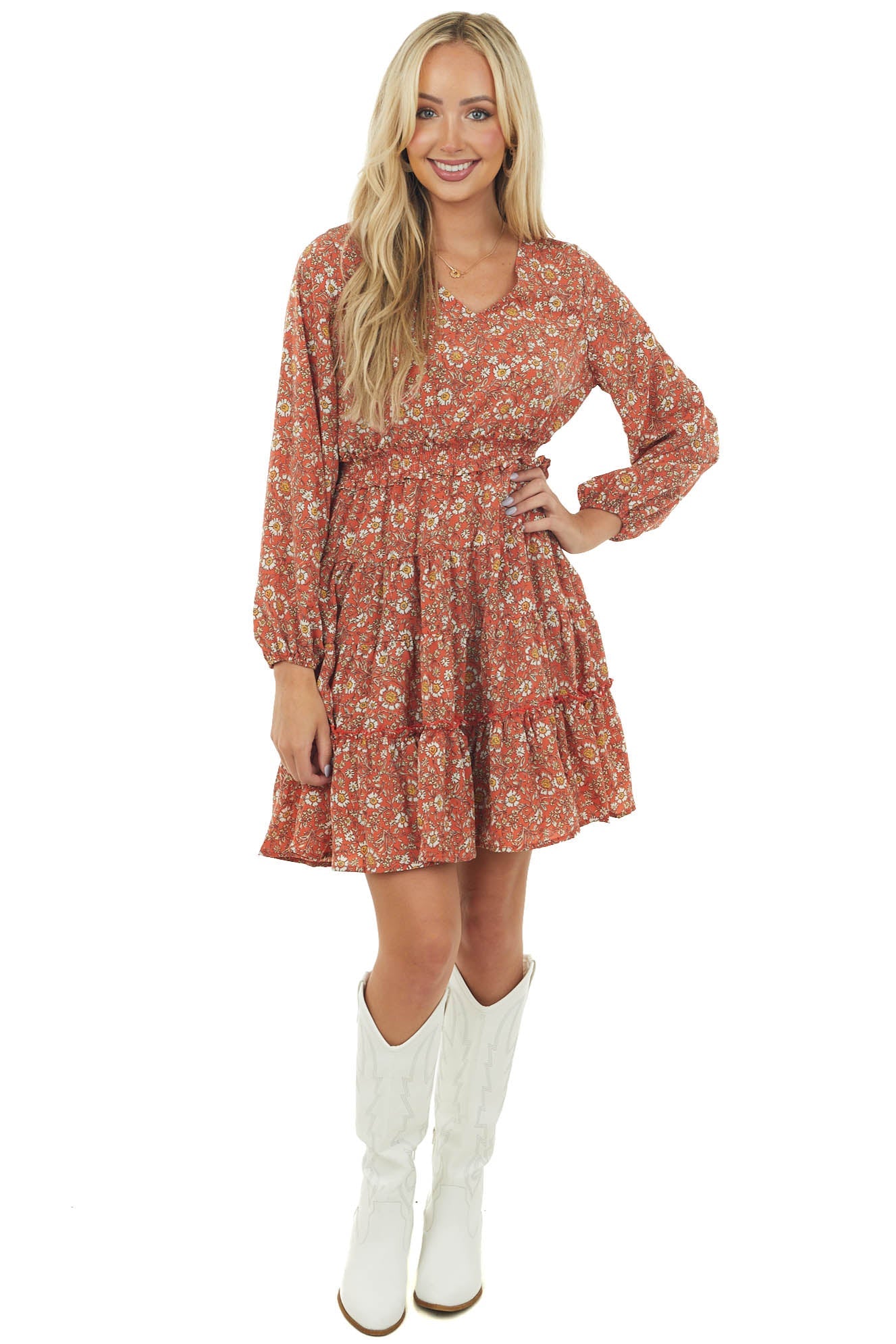 Salmon Floral Puff Sleeve Tiered Blouson Dress