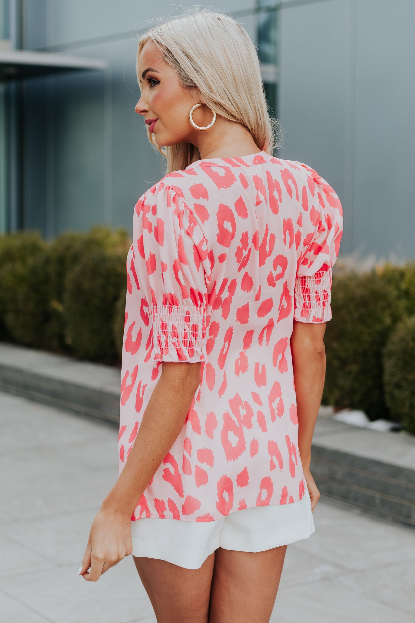 Salmon Leopard Print Puff Sleeve Blouse