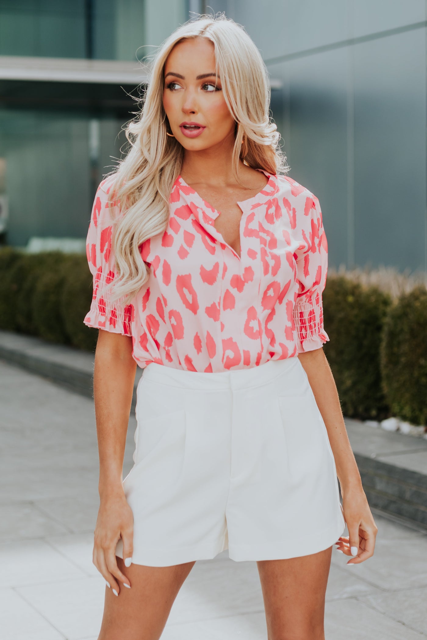 Salmon Leopard Print Puff Sleeve Blouse