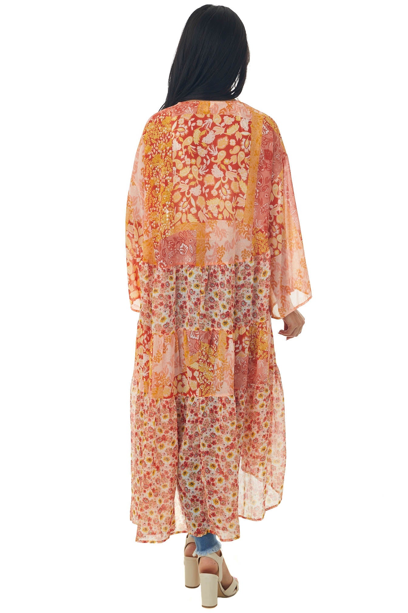 Salmon Multiprint Open Front Tiered Duster Kimono
