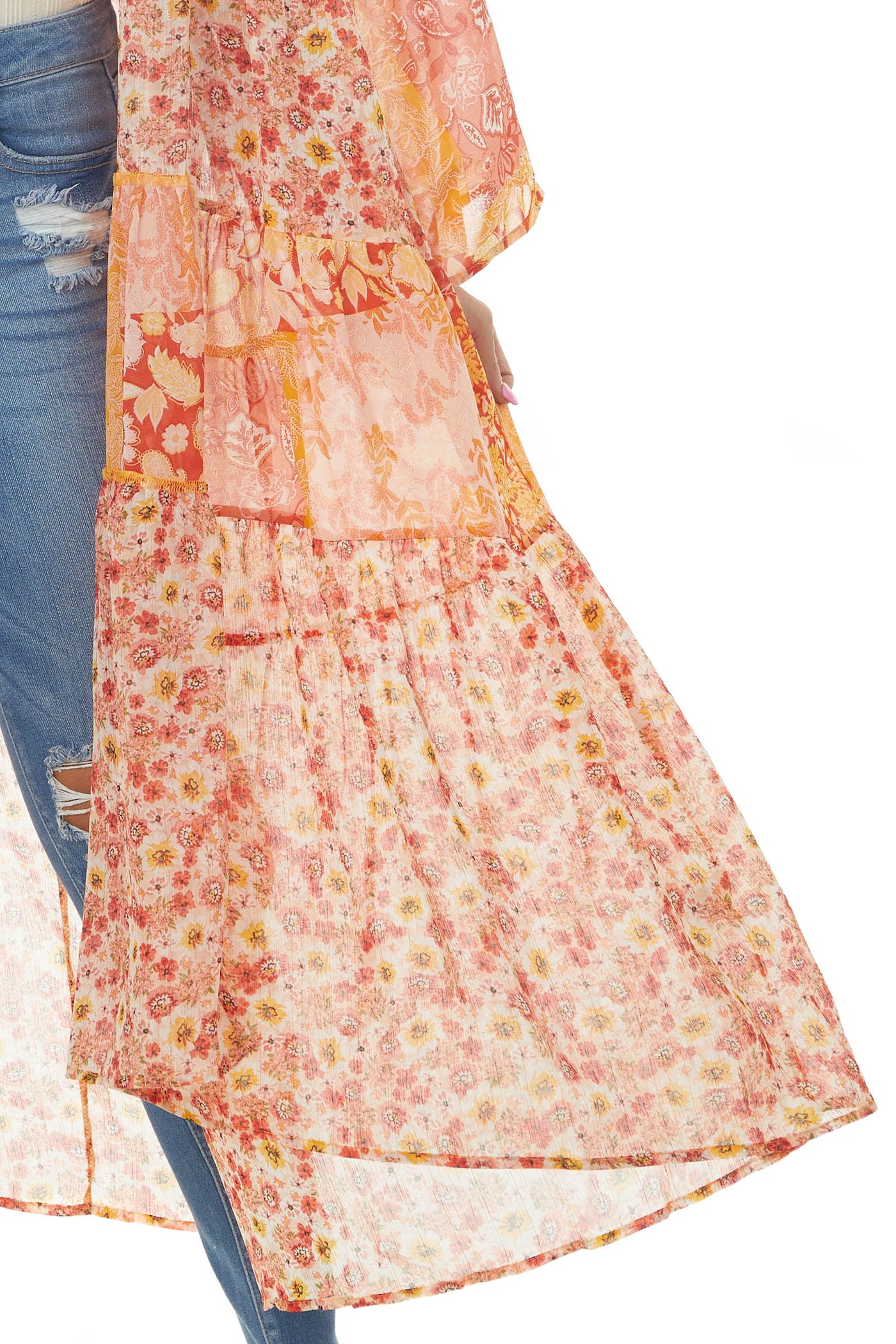 Salmon Multiprint Open Front Tiered Duster Kimono