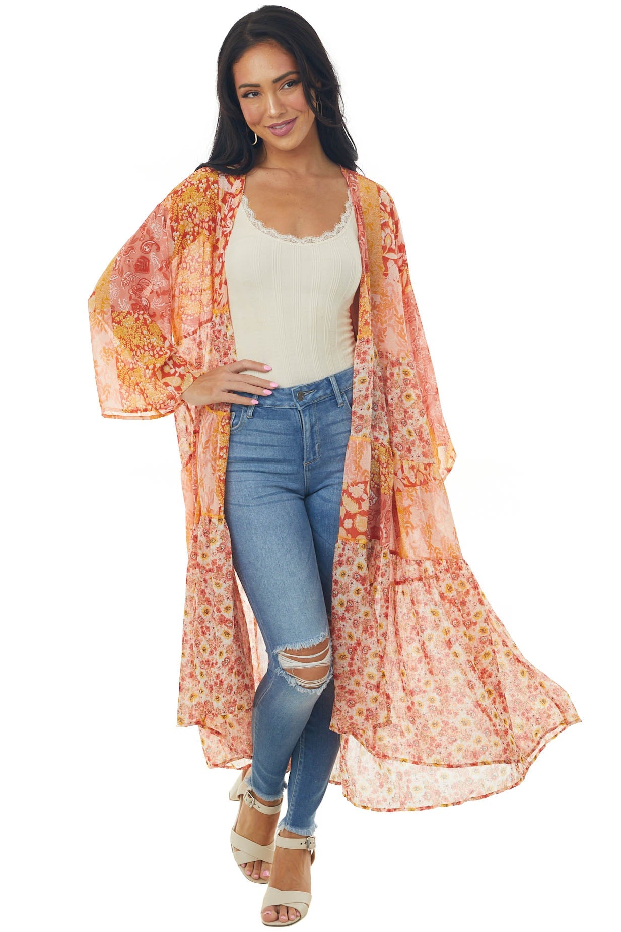 Salmon Multiprint Open Front Tiered Duster Kimono