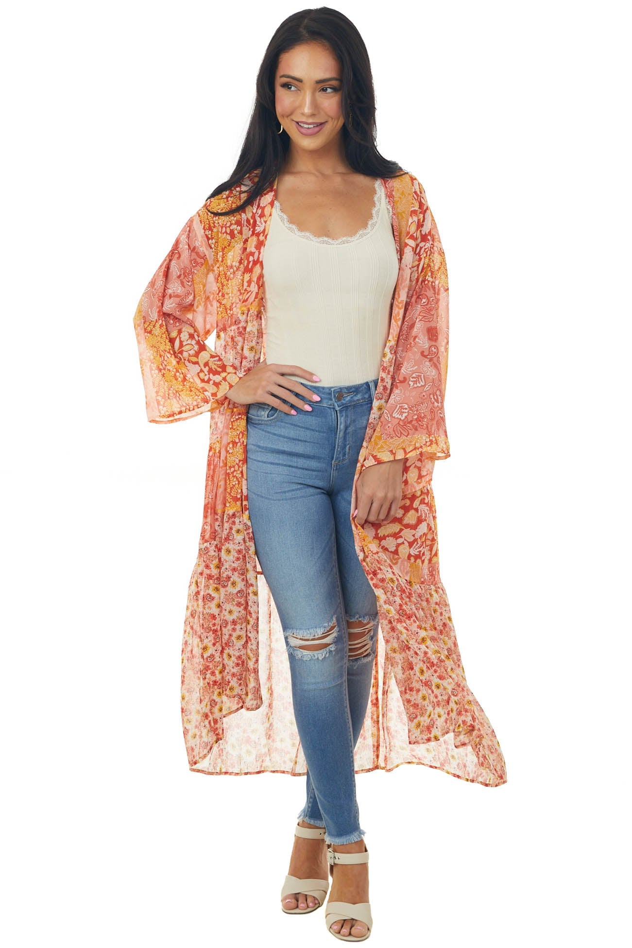 Salmon Multiprint Open Front Tiered Duster Kimono