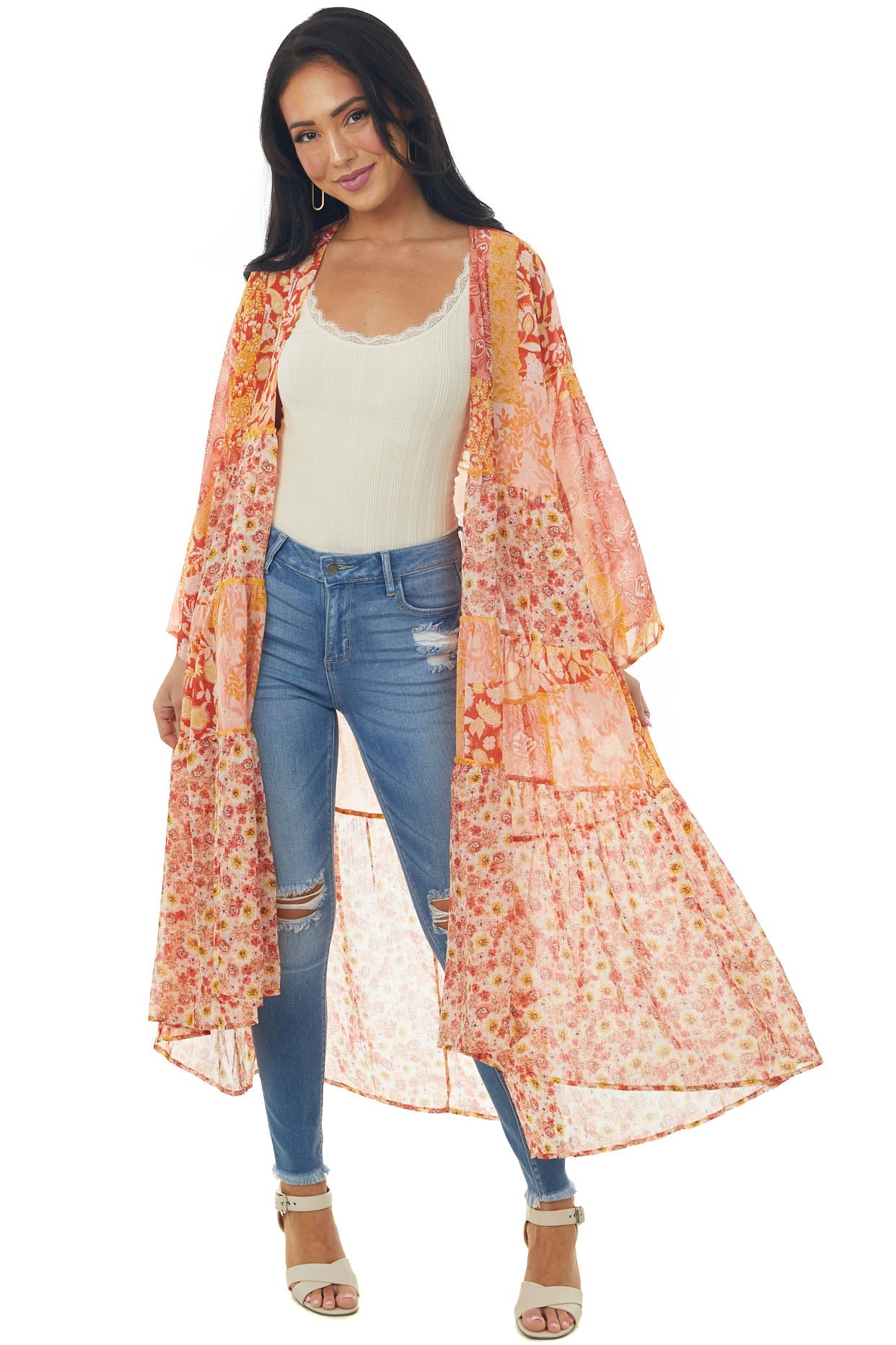 Salmon Multiprint Open Front Tiered Duster Kimono