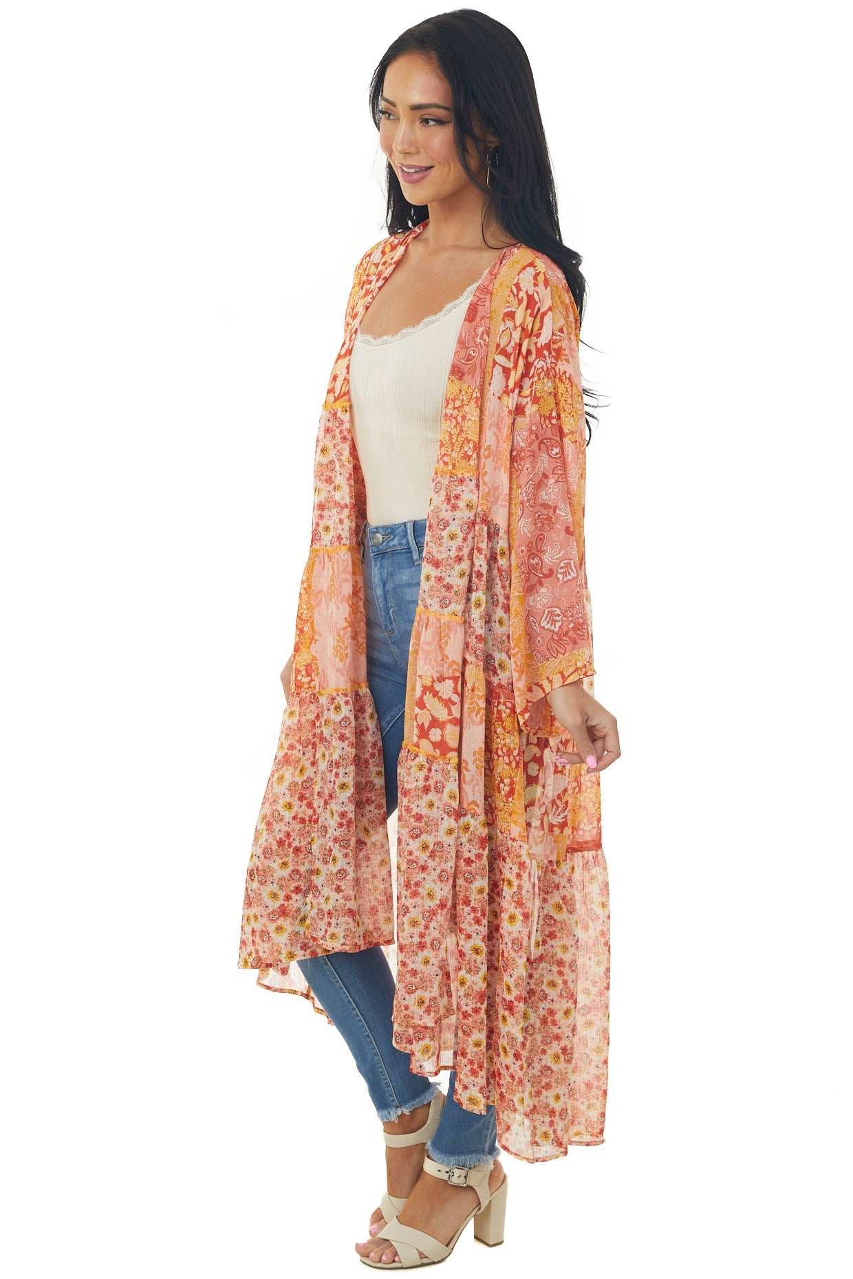 Salmon Multiprint Open Front Tiered Duster Kimono