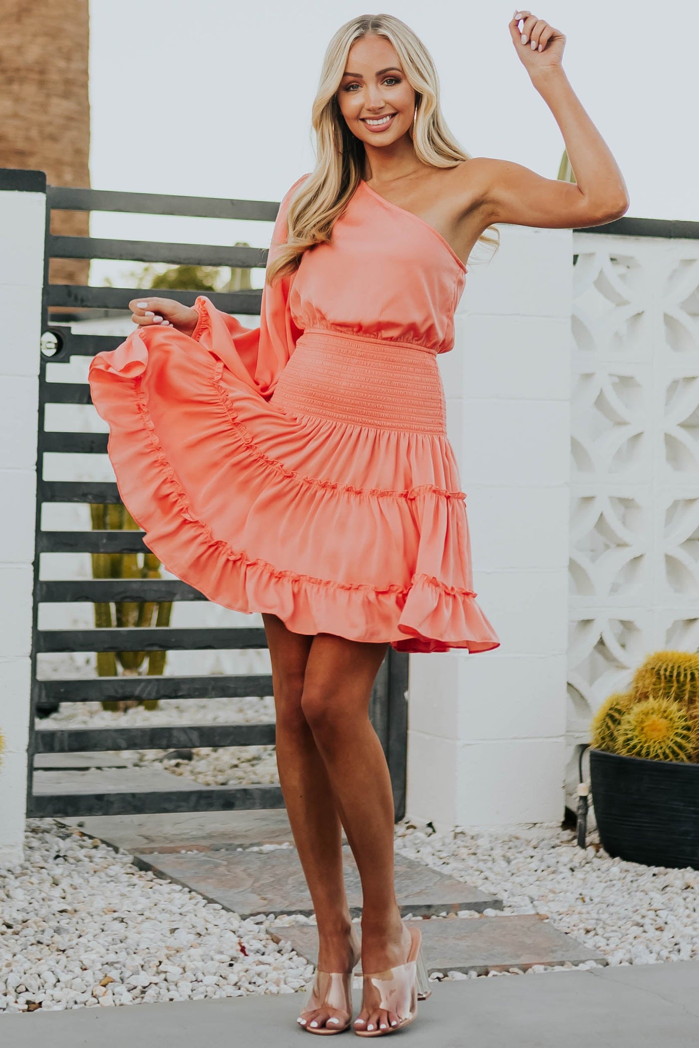 Salmon One Shoulder Smocked Waist Satin Dress