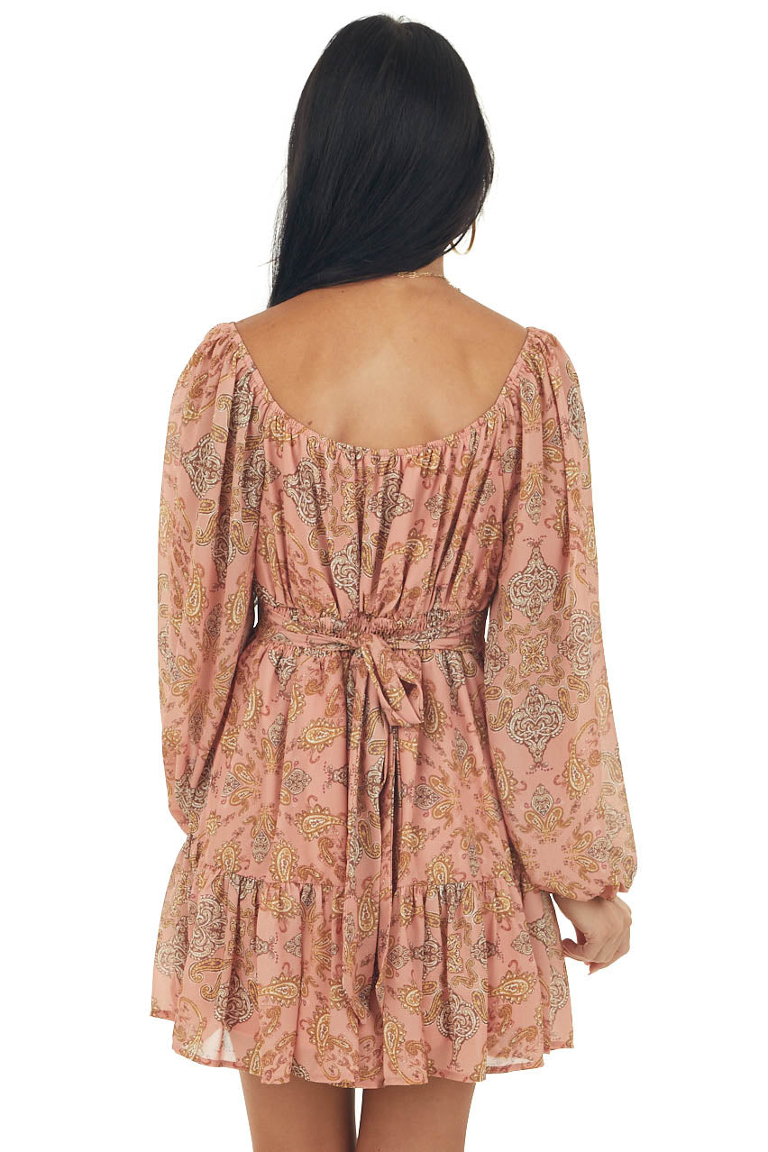 Salmon Paisley Print Bubble Sleeve Mini Dress