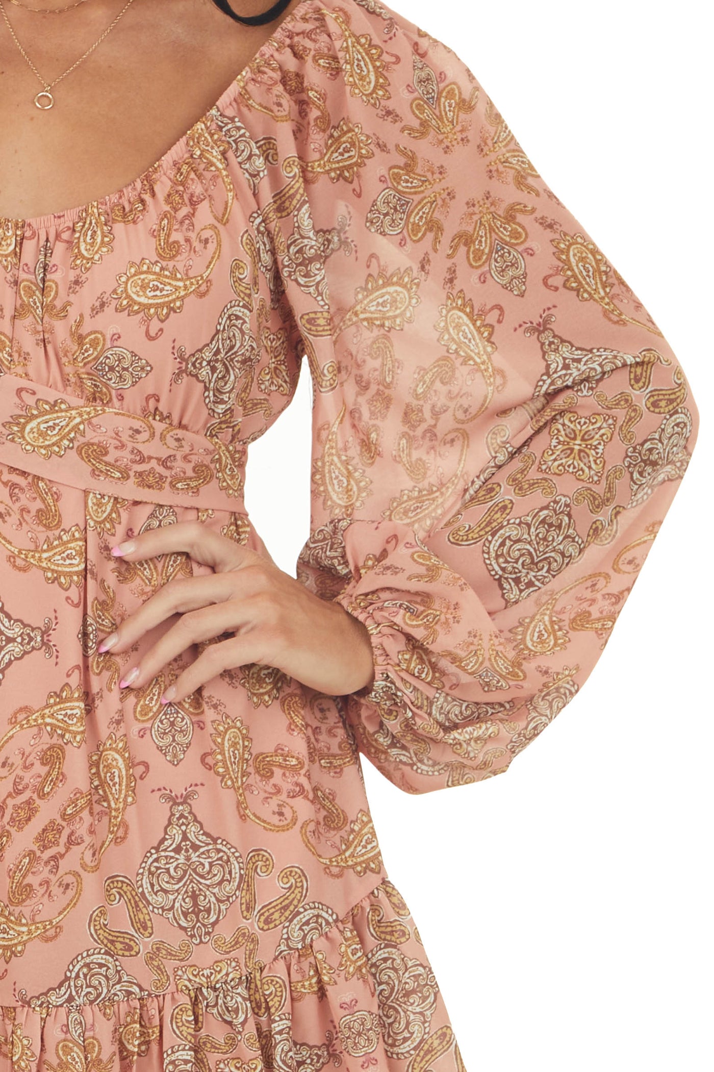 Salmon Paisley Print Bubble Sleeve Mini Dress