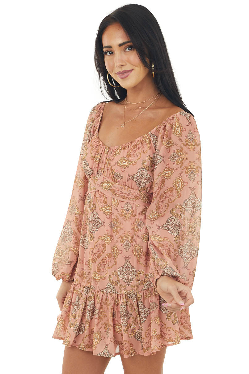 Salmon Paisley Print Bubble Sleeve Mini Dress