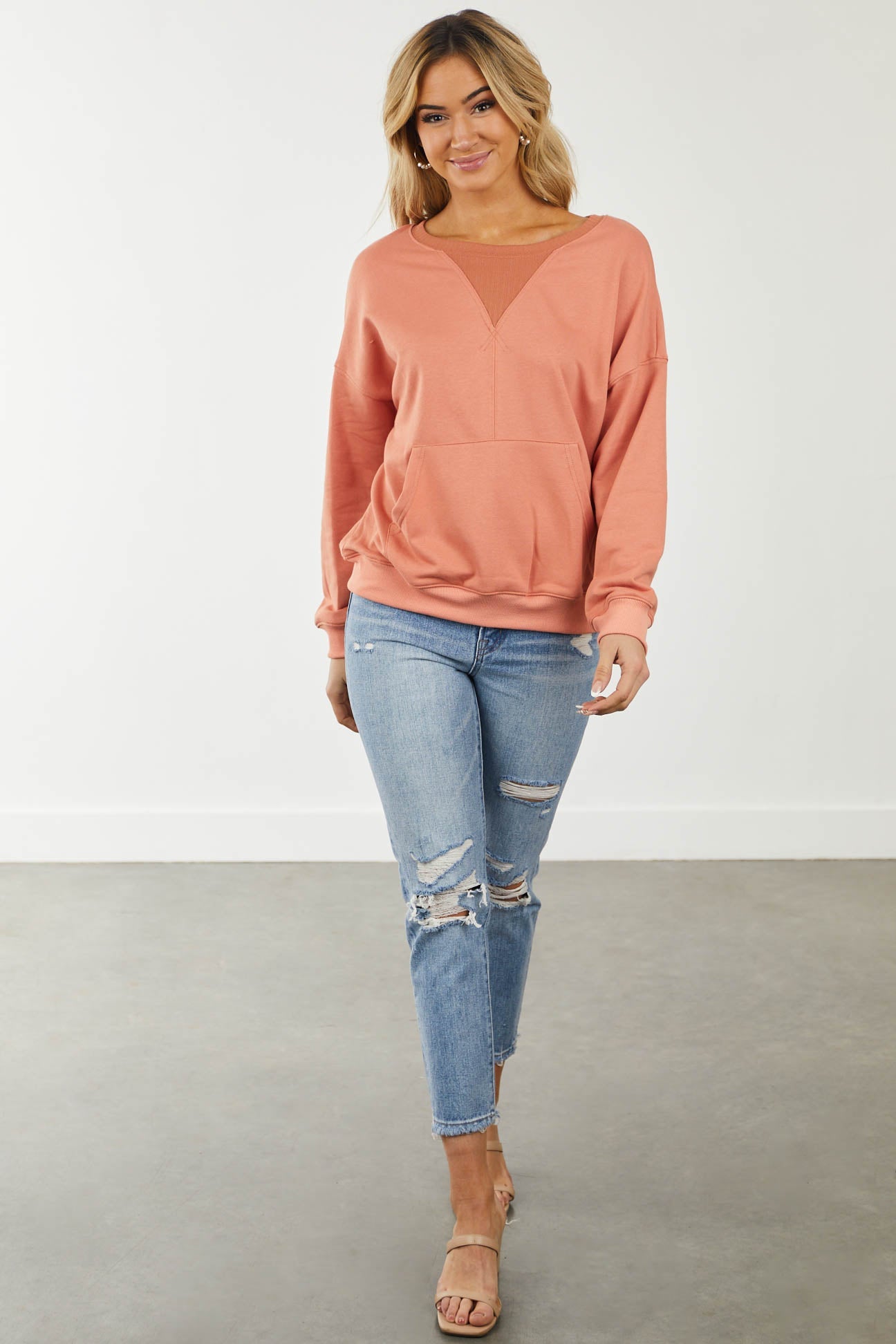 Salmon Ribbed Detail Kangaroo Pouch Sweatshirt