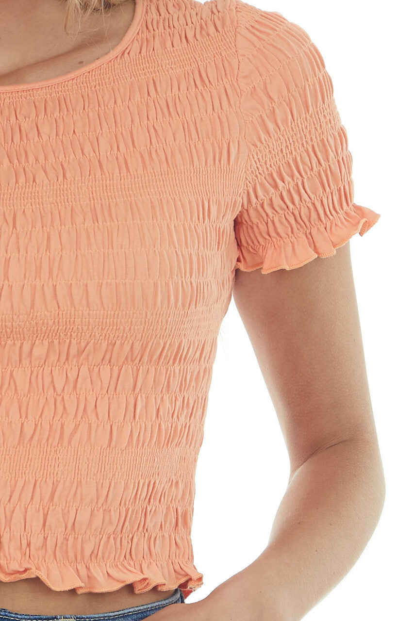 Salmon Short Sleeve Smocked Crop Top with Ruffled Hemline