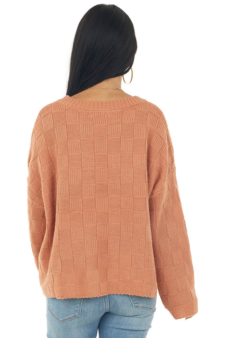 Salmon Square Textured Long Sleeve Sweater