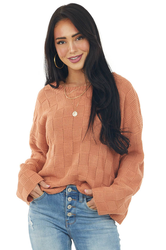 Salmon Square Textured Long Sleeve Sweater