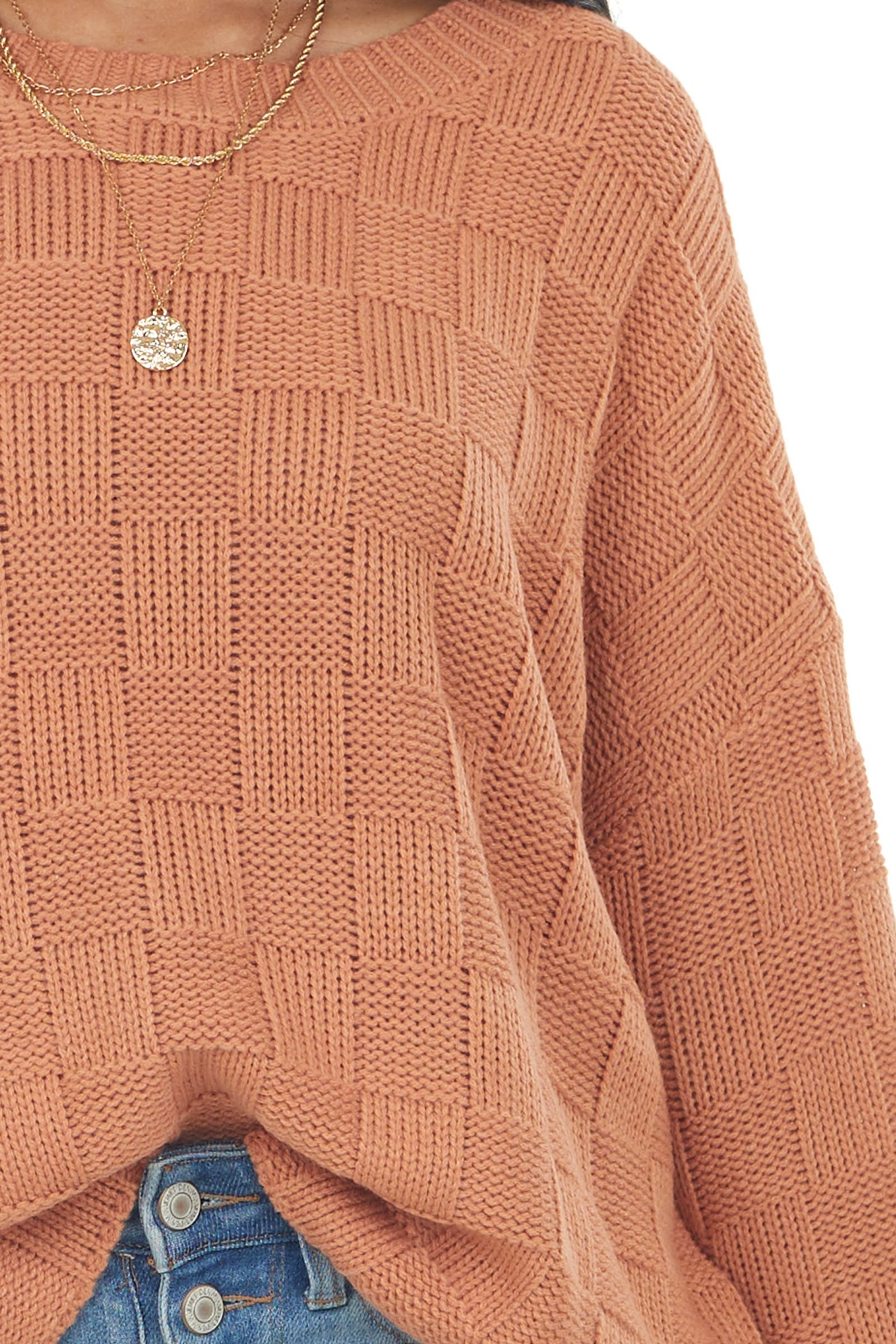 Salmon Square Textured Long Sleeve Sweater