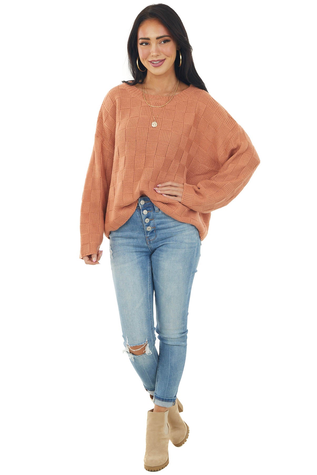 Salmon Square Textured Long Sleeve Sweater