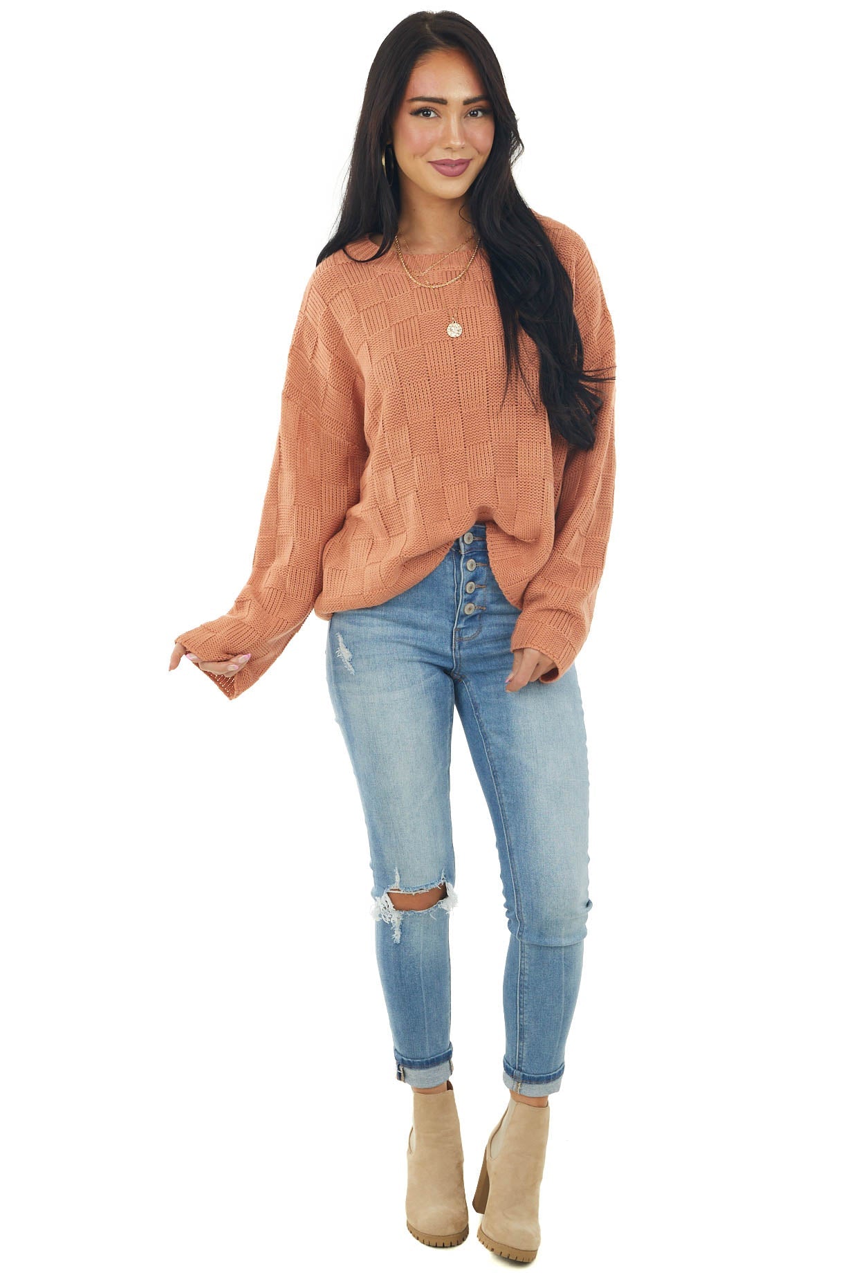 Salmon Square Textured Long Sleeve Sweater