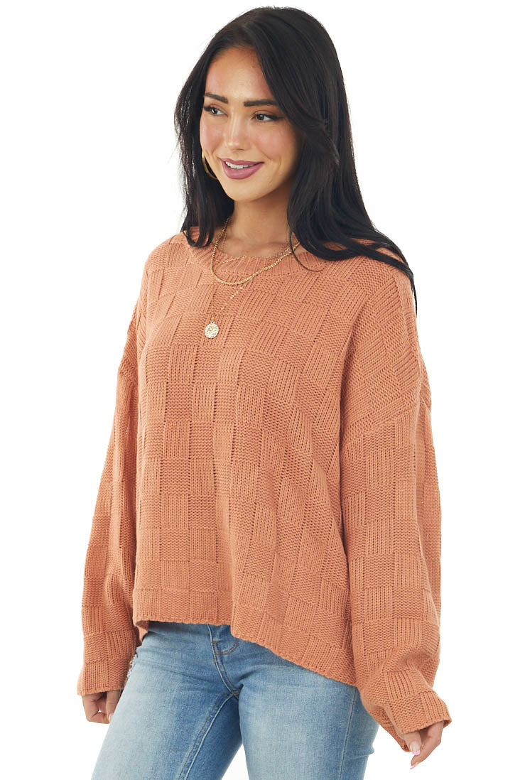 Salmon Square Textured Long Sleeve Sweater