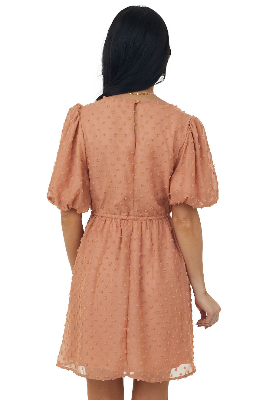 Salmon Surplice Short Puff Sleeve Swiss Dot Dress