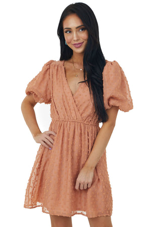 Salmon Surplice Short Puff Sleeve Swiss Dot Dress