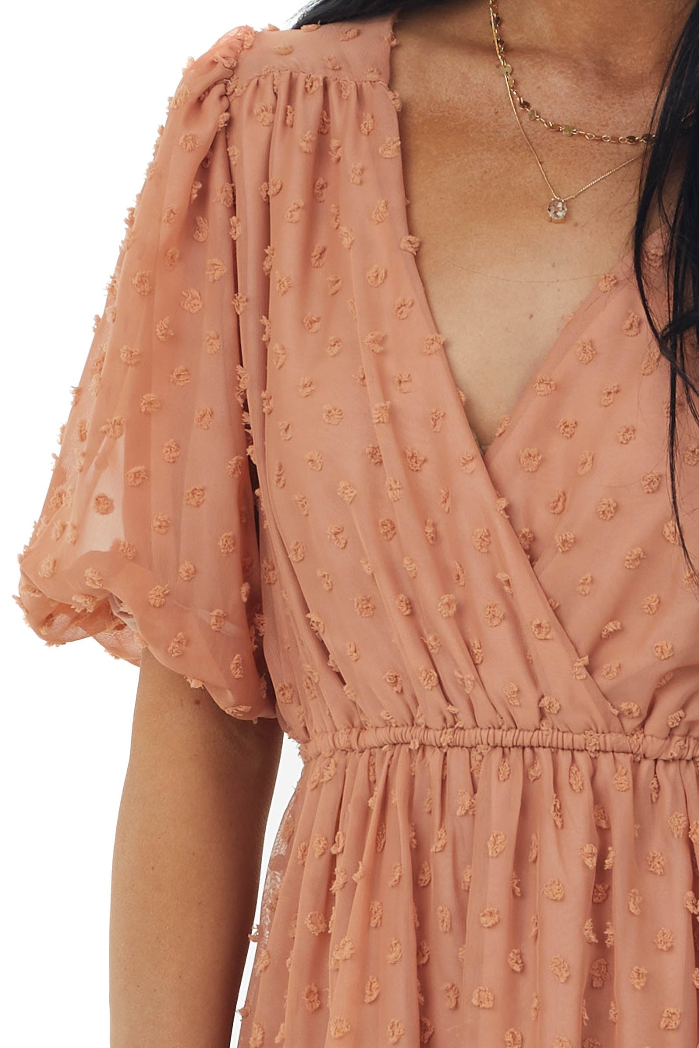 Salmon Surplice Short Puff Sleeve Swiss Dot Dress