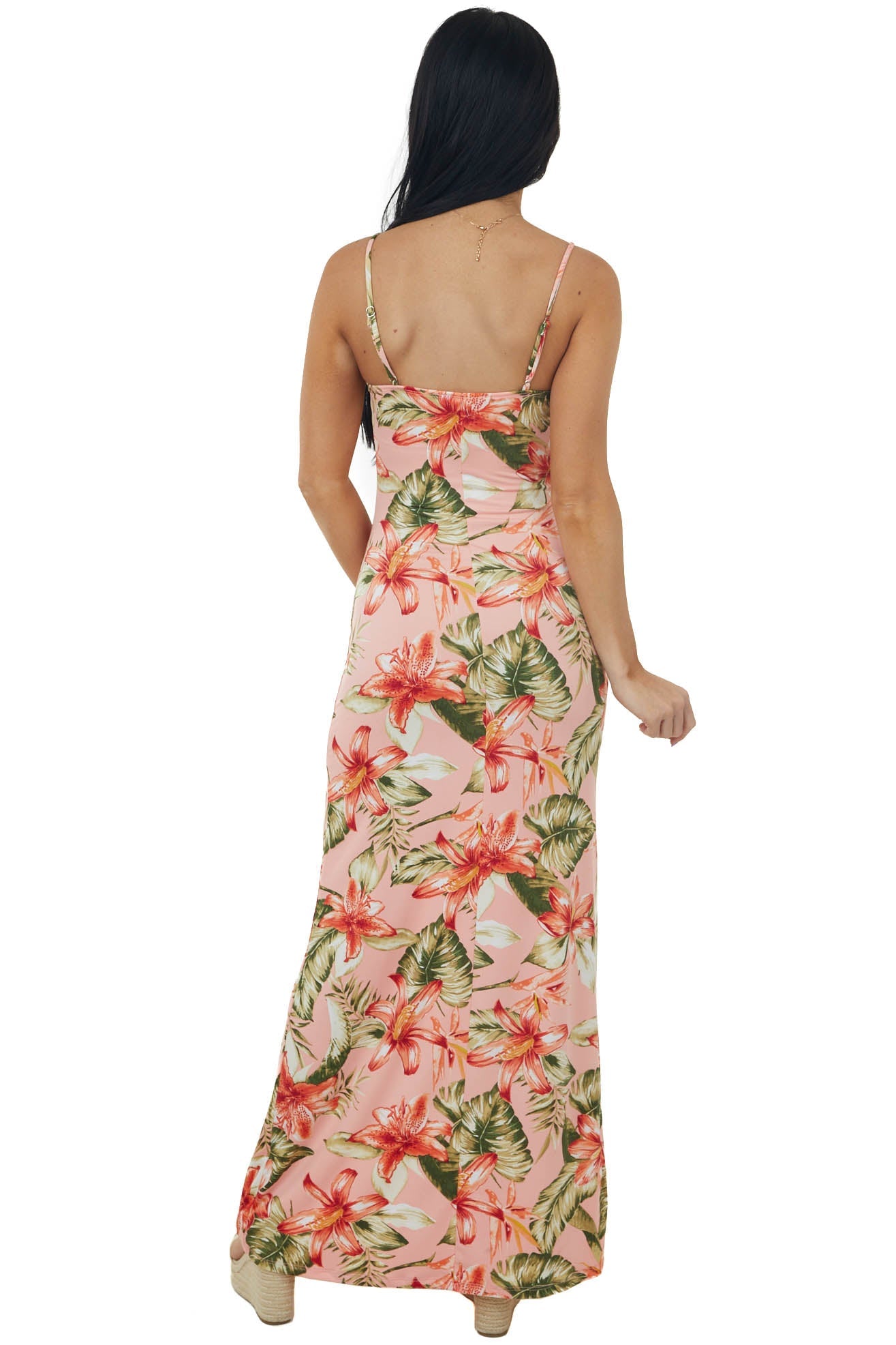 Salmon Tropical Print Sleeveless Knit Maxi Dress