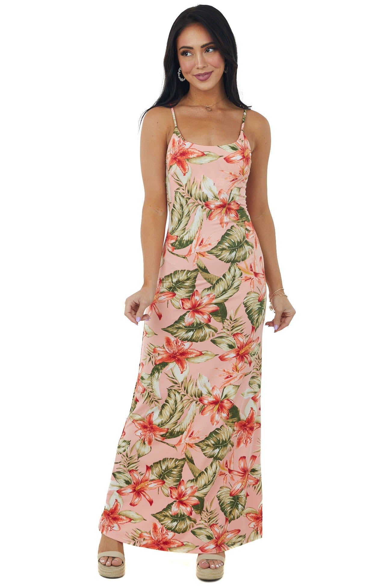 Salmon Tropical Print Sleeveless Knit Maxi Dress