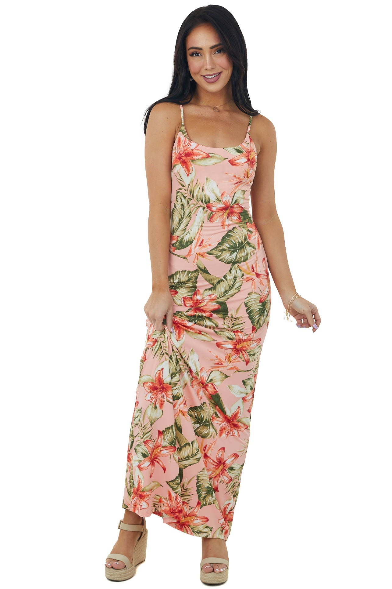 Salmon Tropical Print Sleeveless Knit Maxi Dress