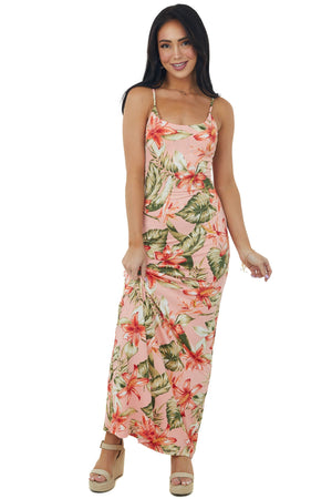 Salmon Tropical Print Sleeveless Knit Maxi Dress