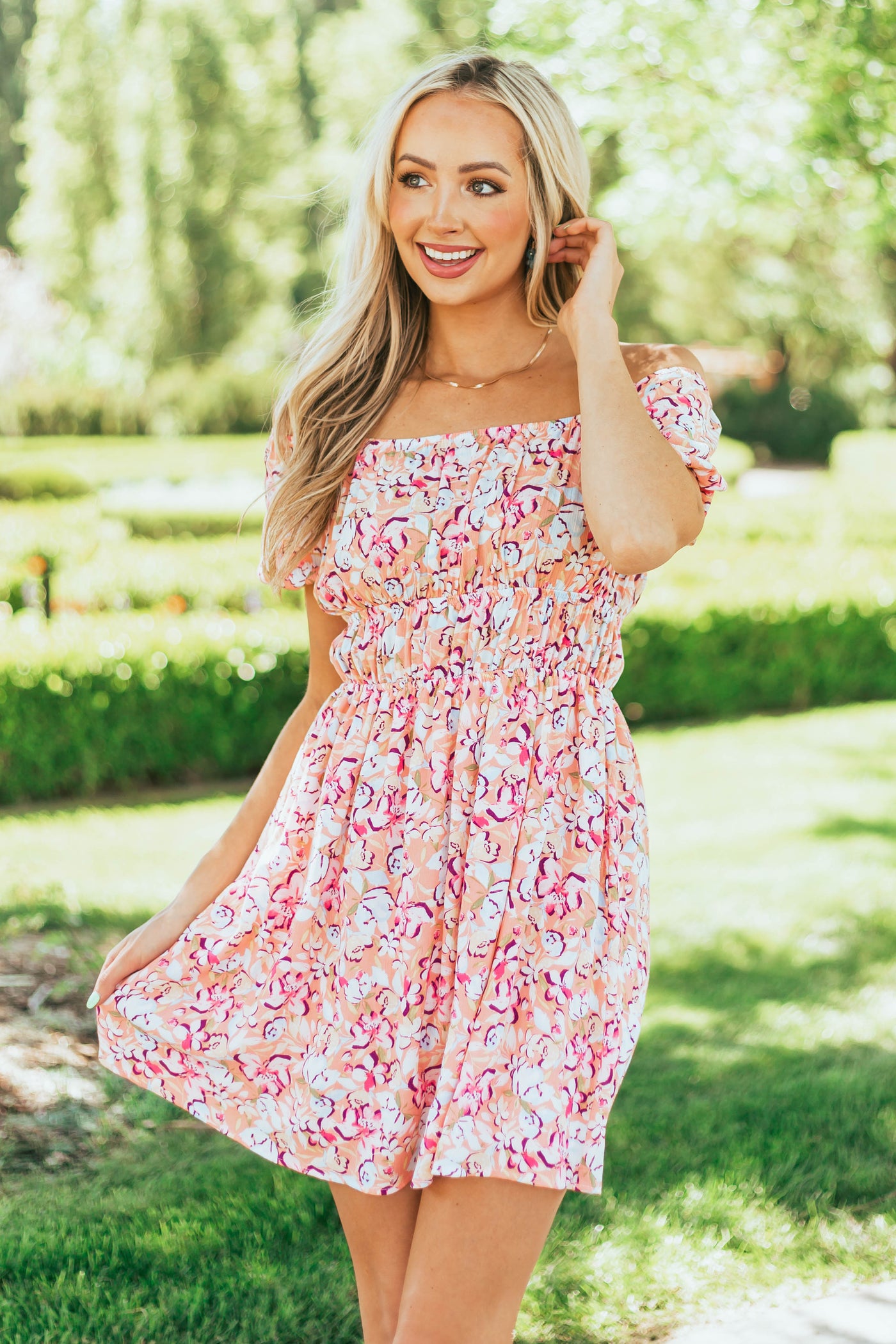 Salmon Floral Print Puff Sleeve Mini Dress