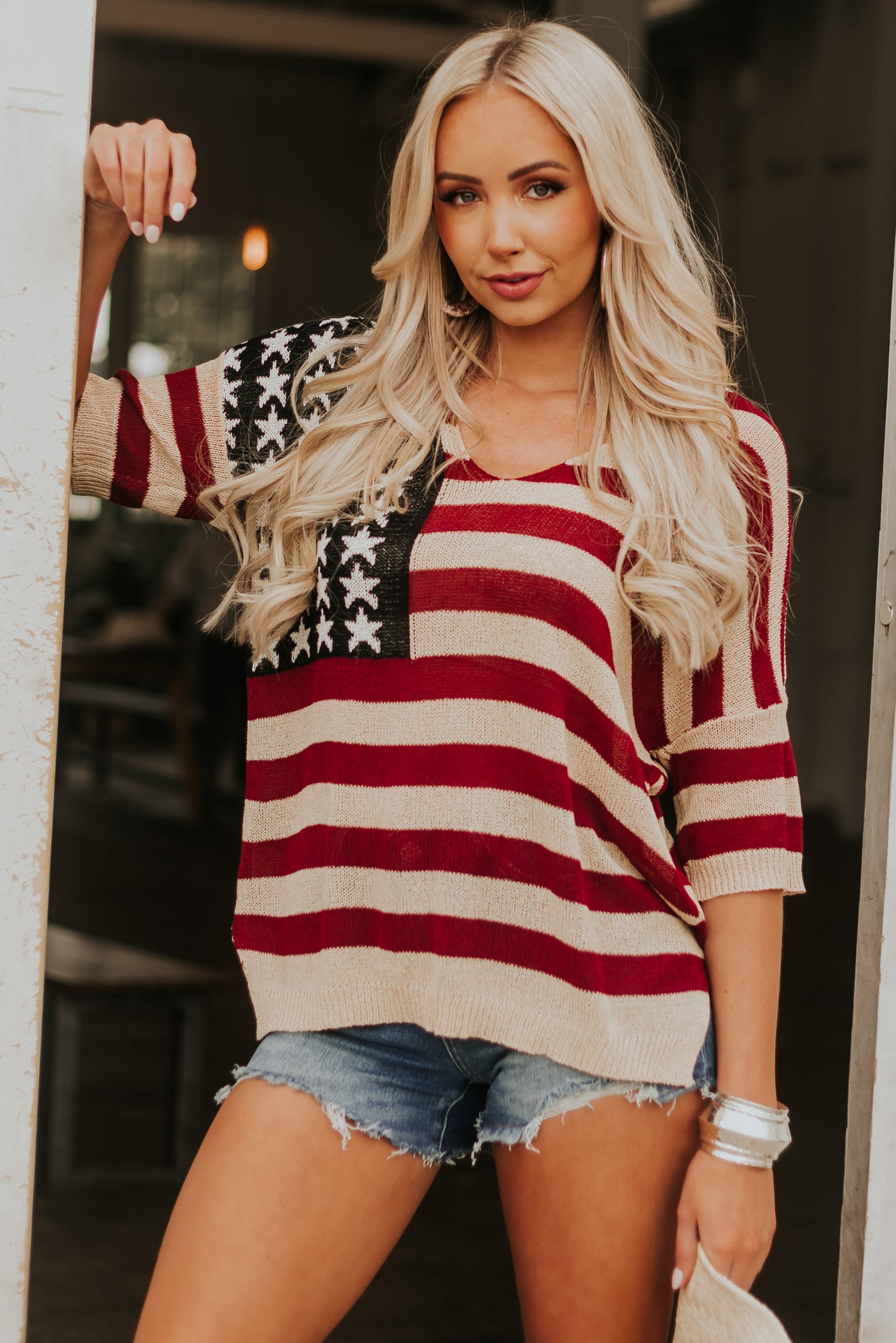 Sand American Flag Short Sleeve Loose Knit Top