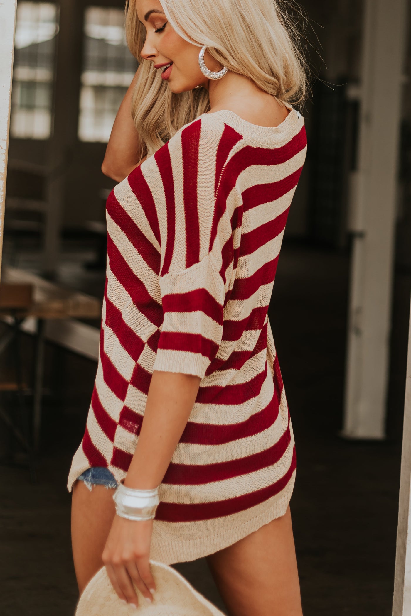 Sand American Flag Short Sleeve Loose Knit Top