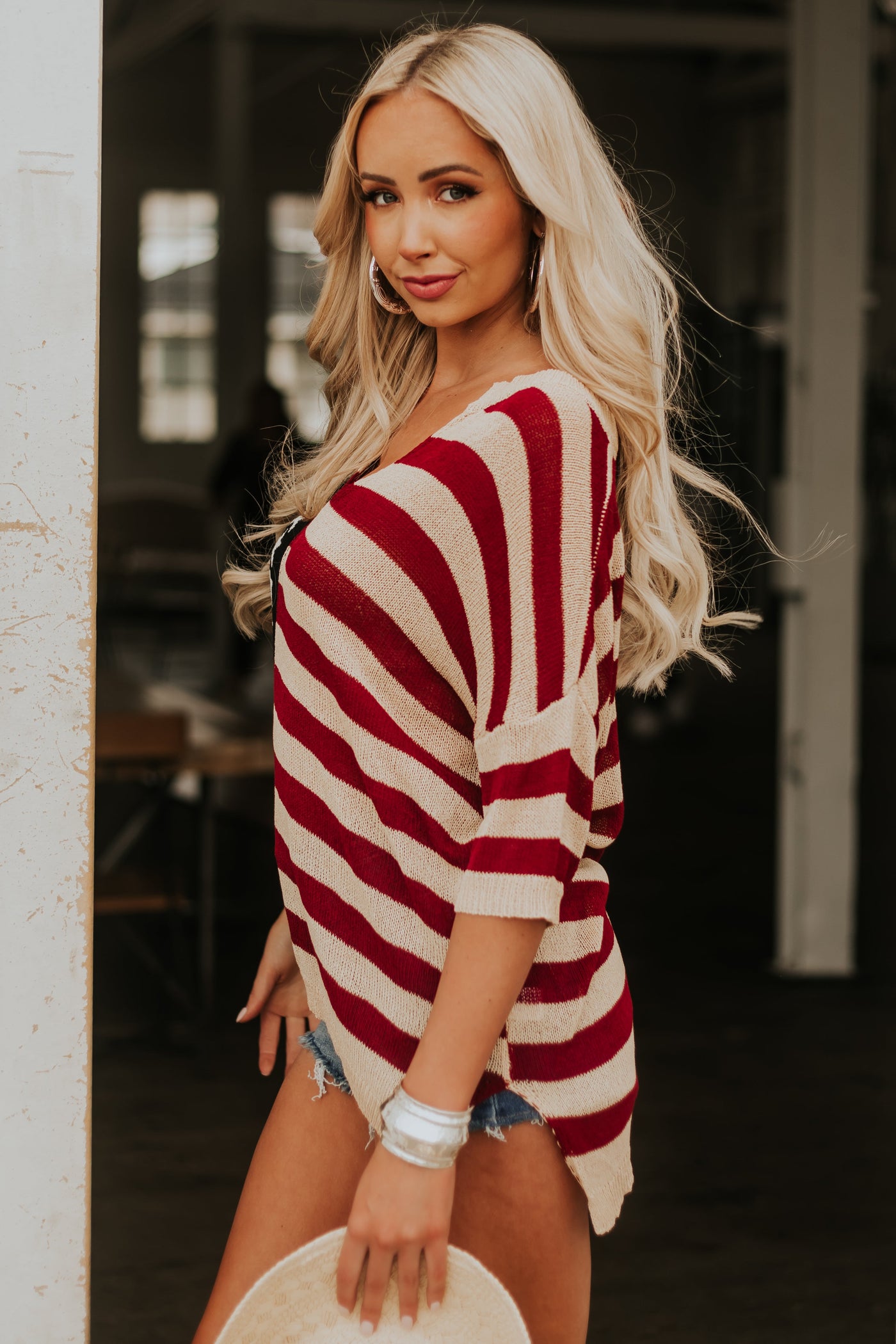 Sand American Flag Short Sleeve Loose Knit Top