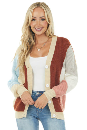Sand Asymmetrical Colorblock Button Cardigan