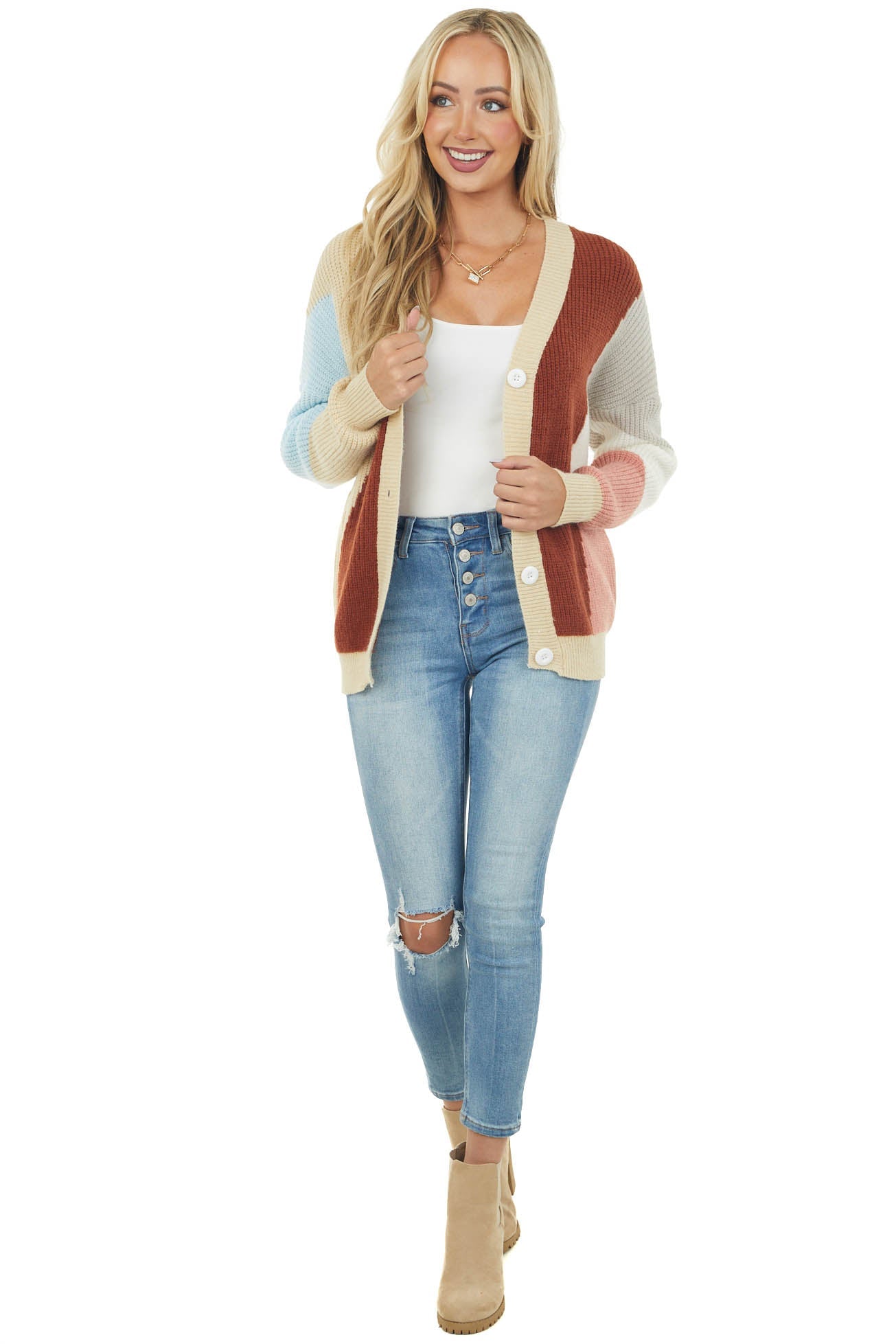 Sand Asymmetrical Colorblock Button Cardigan