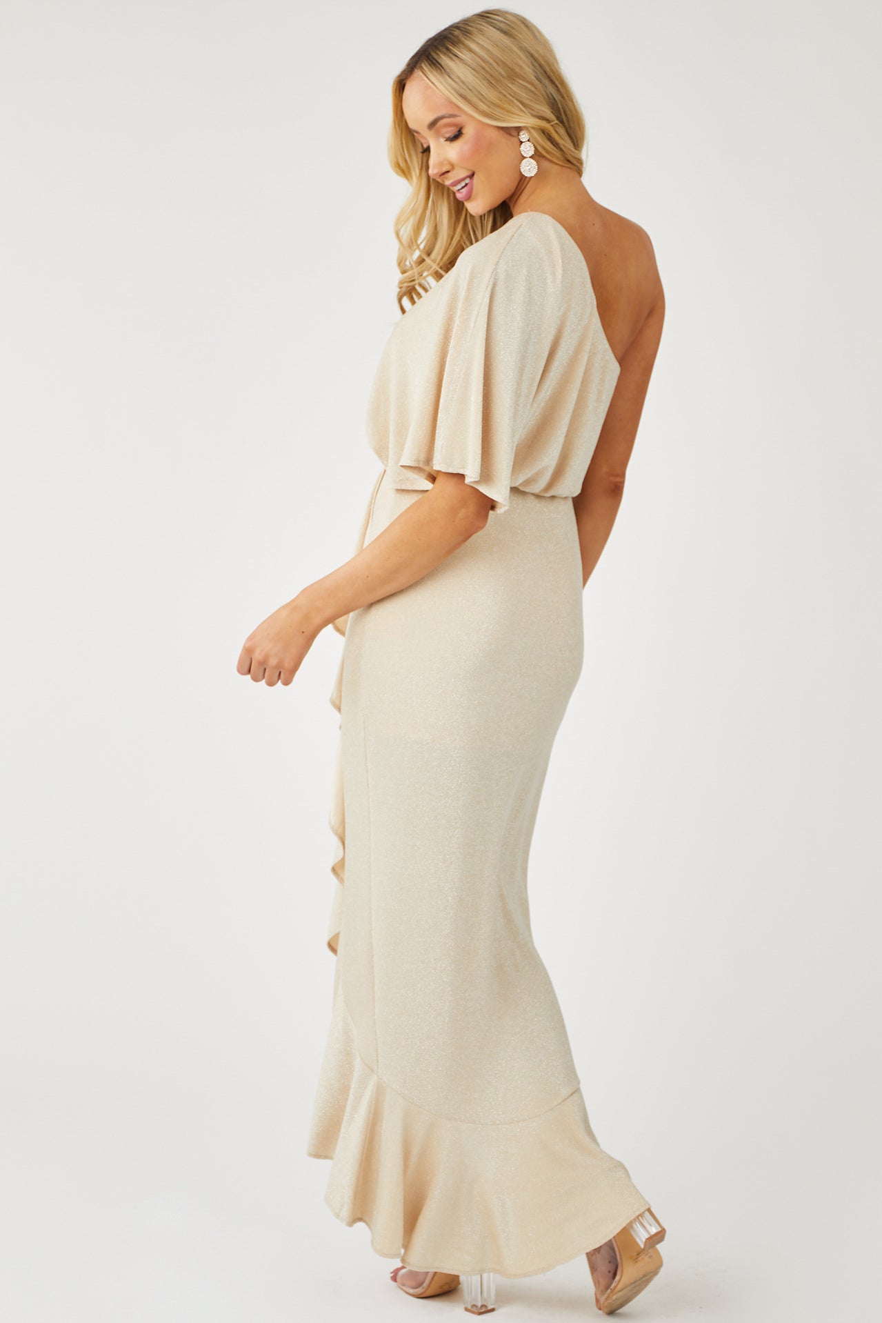 Sand Lurex One Shoulder High Low Ruffle Dress