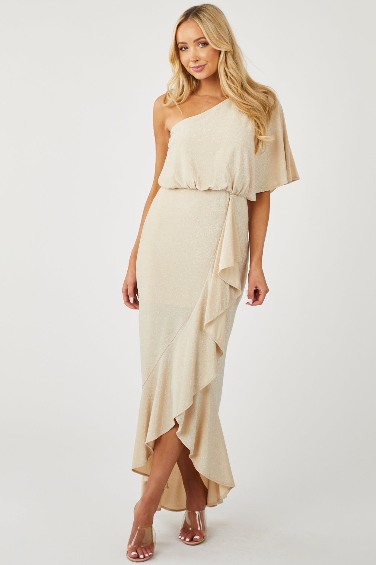 Sand Lurex One Shoulder High Low Ruffle Dress