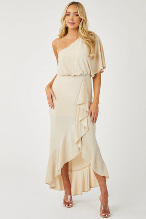 Sand Lurex One Shoulder High Low Ruffle Dress