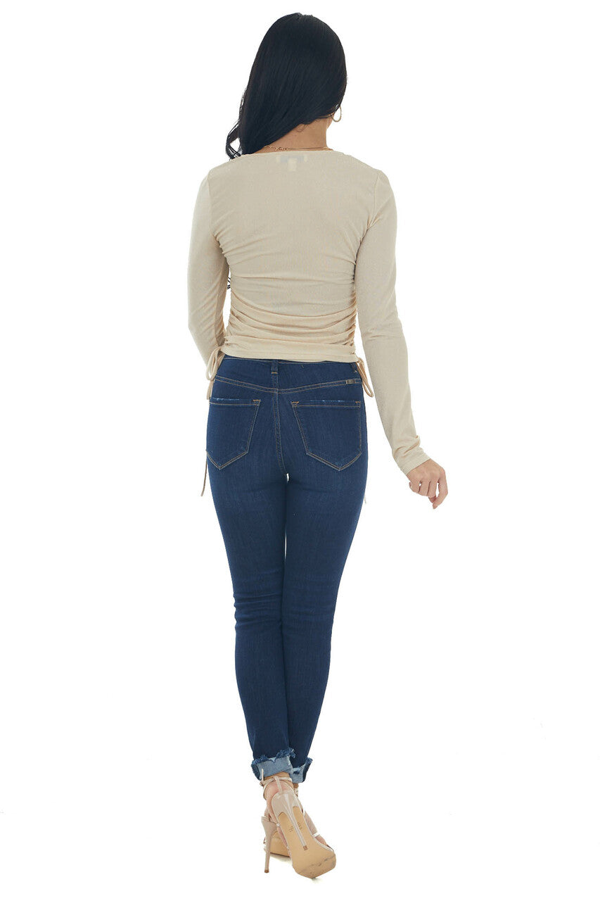 Sand Metallic Thread Ruched Side Knit Top