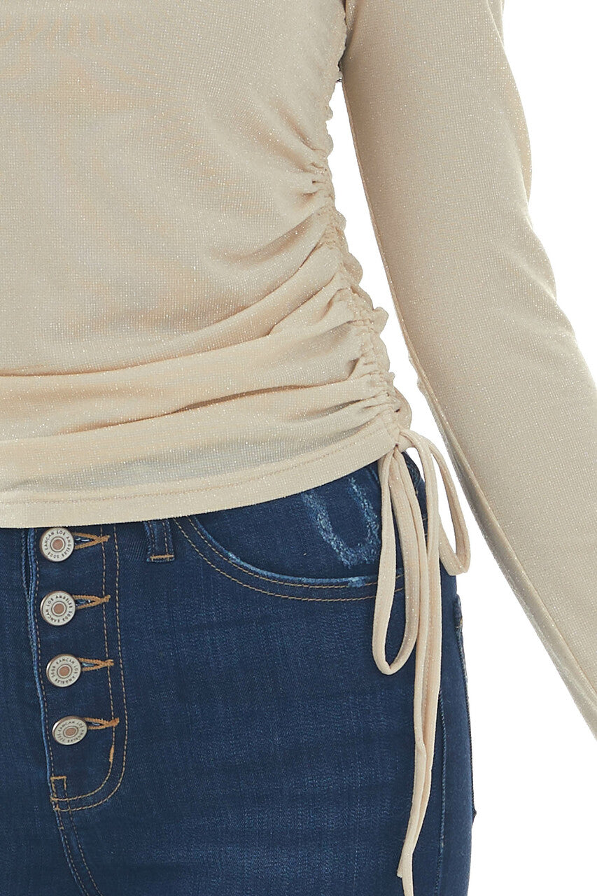 Sand Metallic Thread Ruched Side Knit Top