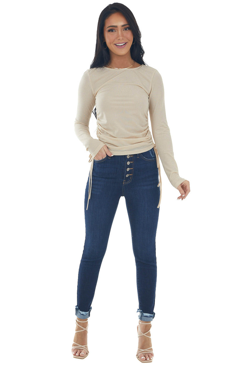 Sand Metallic Thread Ruched Side Knit Top
