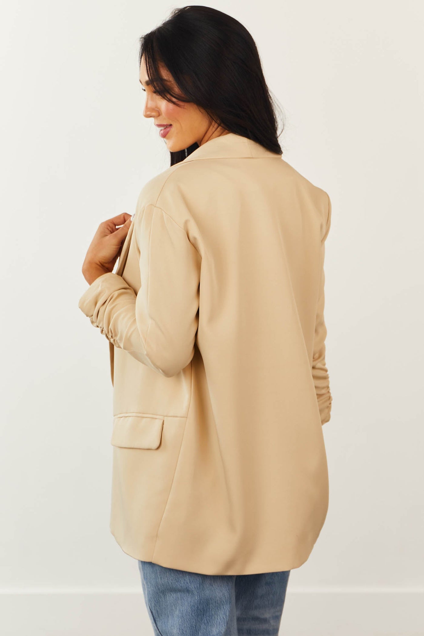 Sand Ruched Sleeve Pouch Pocket Blazer